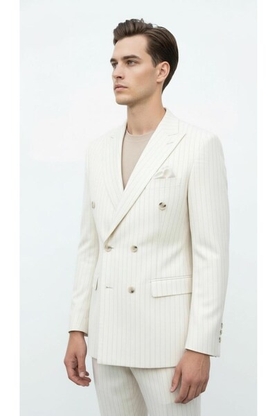 Plus Scorpion Cream Striped Men's Double-Breasted Blazer Jacket – Italian Cut, Modern and Elegant Chic