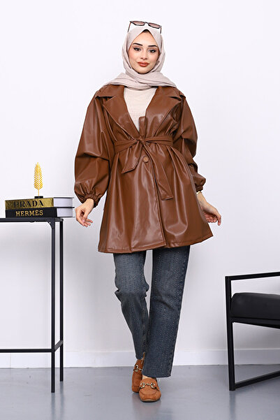 İmajButik Tan Balloon Sleeve Belted Leather Jacket