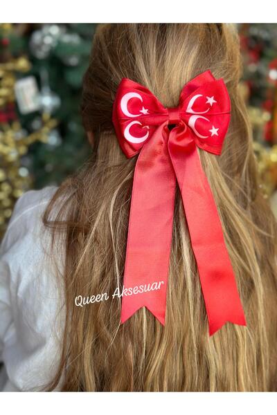 QUEEN AKSESUAR Red Satin Tail Bow with Moon and Star Turkish Flag Pattern Automatic Clip School Holiday Buckle