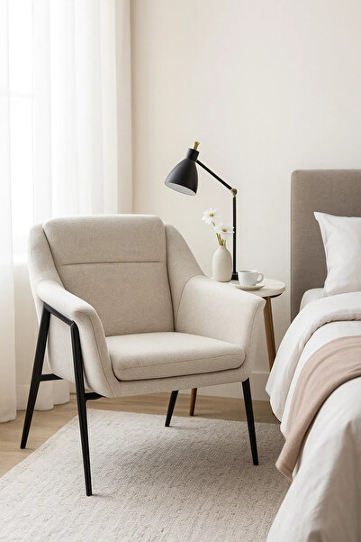 MARIA HOMES Modern Beige Upholstered Armchair with Metal Legs – Elegant Accent Chair for Living Room Office