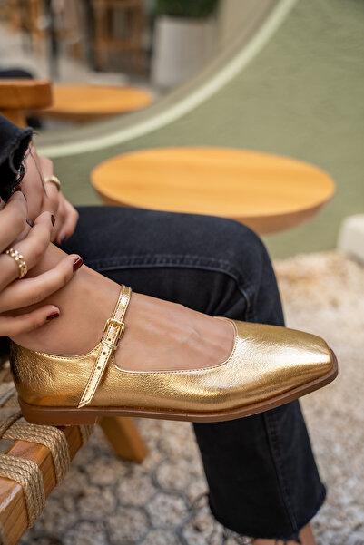 LAMİNTA Flue Gold Leather Women's Buckle Flat Ballerinas