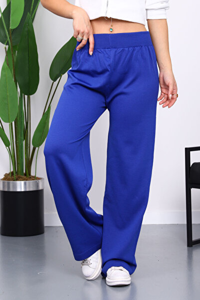İmajButik Cobalt Blue High Waist Corded Fabric Wide Leg Knitwear Pants