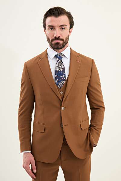 Mcr Textured Slim Fit Mono Collar Men's Suit Camel - 45432.25K