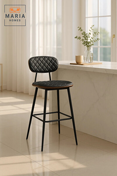 MARIA HOMES Stylish Black Bar Stool with Leather Seat, High Counter Chair for Home, Kitchen, Café & Office