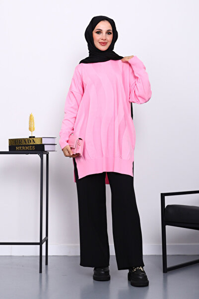 İmajButik Pink Crew Neck Cold Thread Knitwear Tunic