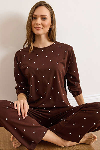 Olalook Women's Brown Heart 100% Cotton Long Sleeve Pajama Set Pjm-00000024