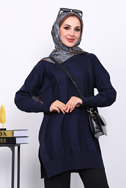 İmajButik Navy Blue Crew Neck Cold Thread Knitwear Tunic