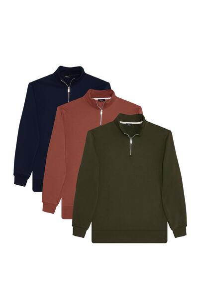 Tudors Unisex 3-Pack Navy Blue-Brown-Green Relax Fit Cotton Half-Zip Mock Neck Sweatshirt
