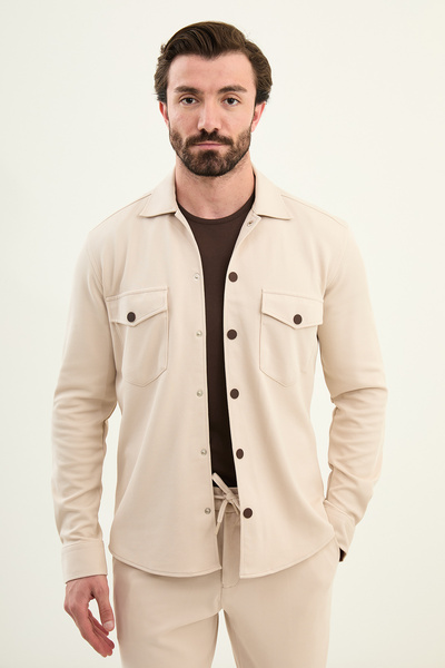 Mcr Striped Slim Fit Shirt Collar Snap Fastener Coat Drawstring Pants Set Beige - 17165.25K