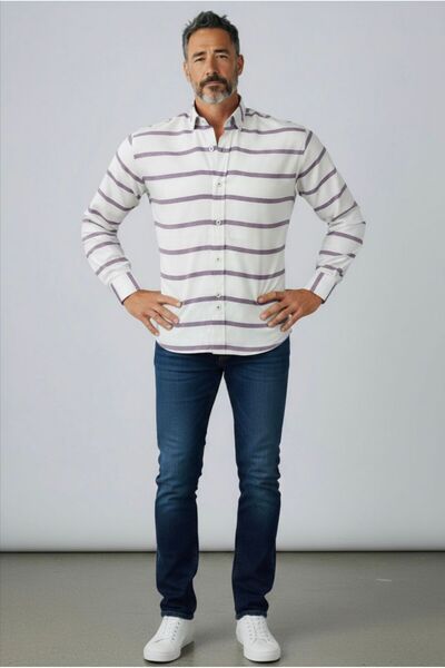 GÖMLEK GALERİSİ Slim Fit Sports Cut Panel Pattern Men's Long Sleeve Shirt