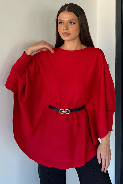 ZehraGül Kırmızı Kadın Kemerli Triko Panço