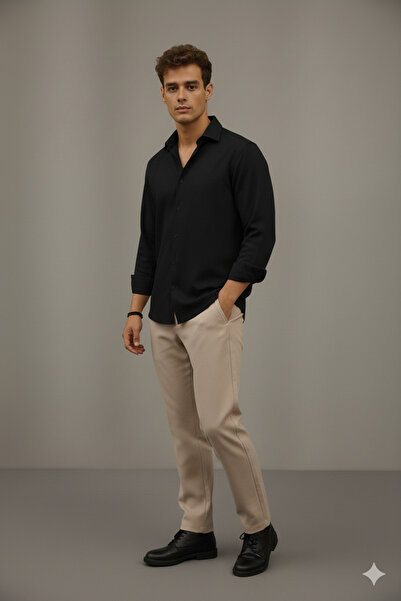 Bürke Sofia Linen Black Half Oversized Men's Shirt