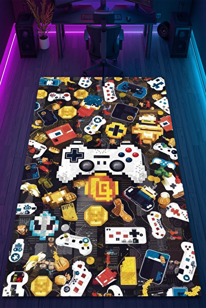 HalıOnline Gamer Konsol Desenli Kaymaz Taban Makinede Yıkanabilir Gaming Oyun...