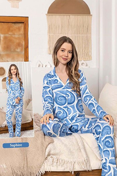 REMSA Set de pijamale Saphire cu nasturi cu model de vânt pentru femei 0375 Albastru