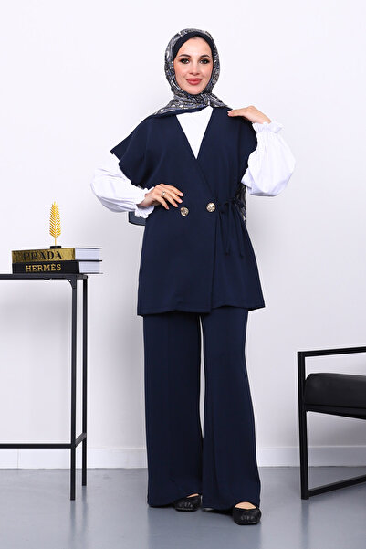 İmajButik Navy Blue Vest and Pants Cupra Modal Set