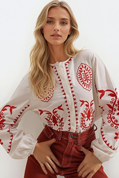 Trend Alaçatı Stili Dámska ecru prevládajúci golier s vyšívaným prémiovým ľanovým golierom ALC-X8821