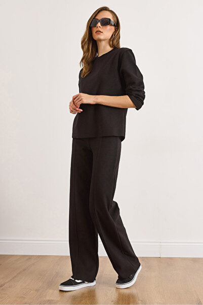 Olalook Women's Black Thessaloniki Top Sweater Bottom Stitching Detail Pants Set Tkm-19000427