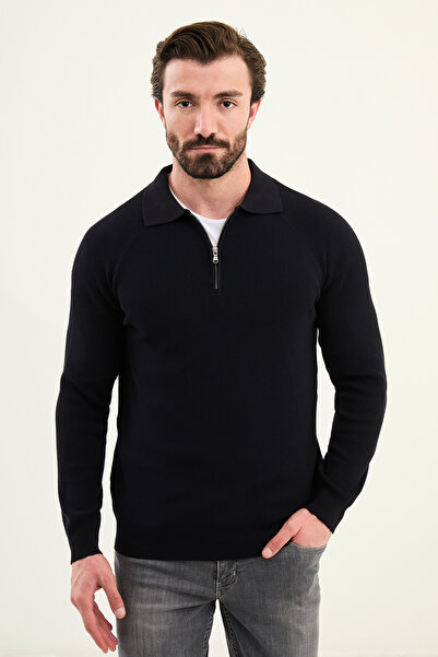 Mcr Textured Slim Fit Zippered Polo Neck Men's Knitwear Sweater Navy Blue - 11578.25K