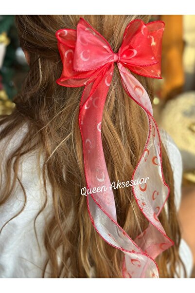 QUEEN AKSESUAR Red White Crescent Star Turkish Flag Patterned Bow Organza Tul...