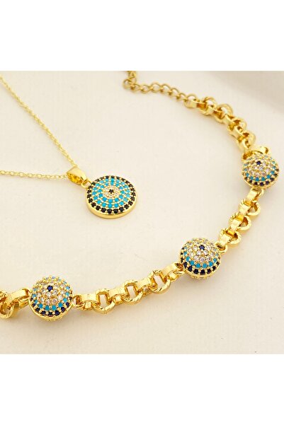 Kyver Nazar Boncuklu Kuyumcu Model Bileklik Kolye Seti Kararmaz Xuping Bilekl...