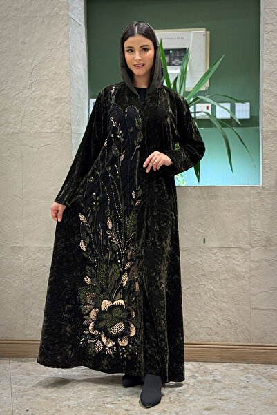 Hasnaa Abaya عباية دلال مخمل زيتي داكن بتطريز شك