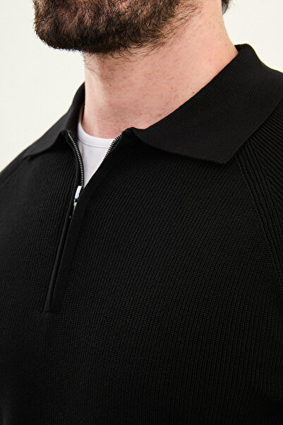 Mcr Textured Slim Fit Zipper Polo Neck Men's Knitwear Sweater Black - 11578.25K