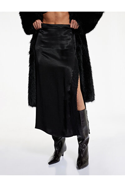 Koton A-Line Slit Lace Detailed Midi Satin Skirt
