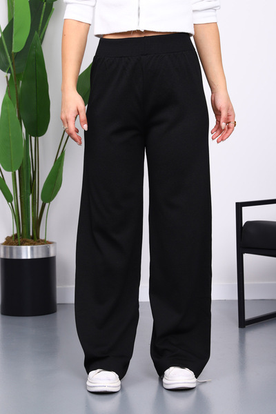 İmajButik Black High Waist Corded Fabric Wide Leg Knitwear Trousers