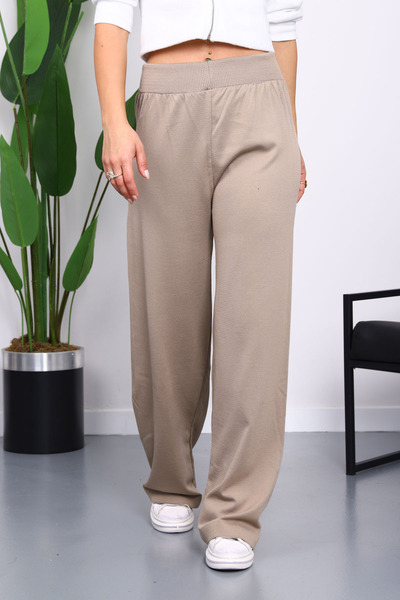 İmajButik Mink High Waist Corded Fabric Wide Leg Knitwear Trousers