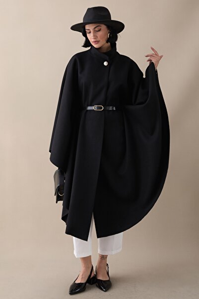 InStyle Belted Black Long Poncho