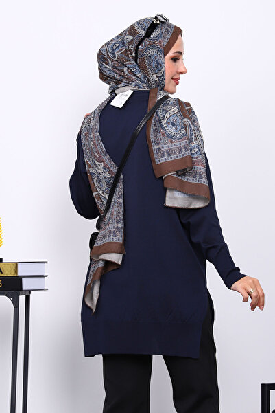 İmajButik Navy Blue Crew Neck Cold Thread Knitwear Tunic