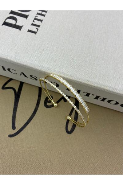 Hedef Bijuteri Gold Color Adjustable Two Rows Baguette and Rectangle Zircon Stone Bracelet