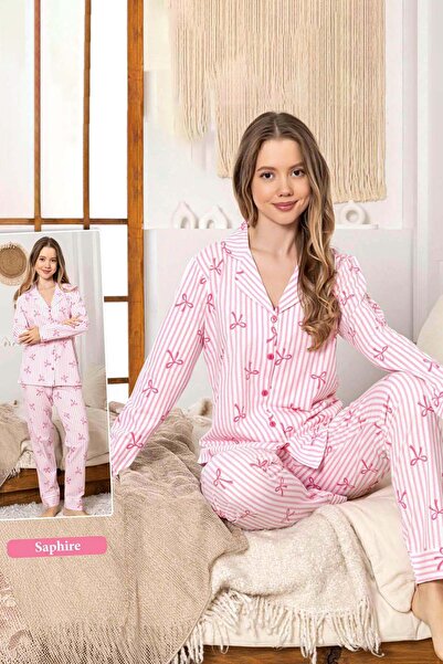 REMSA Women's Bow Pattern Buttoned Saphire Pajama Set 0376 Pink