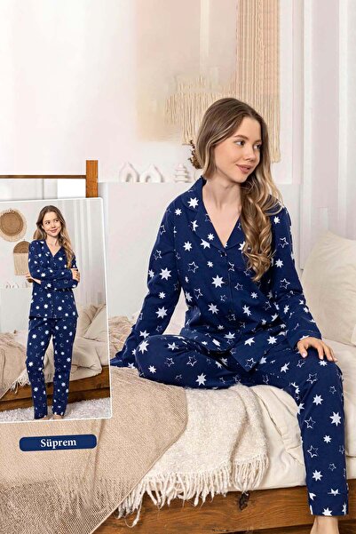 REMSA Women's Star Pattern Buttoned Suprem Pajama Set 0383 Navy Blue01