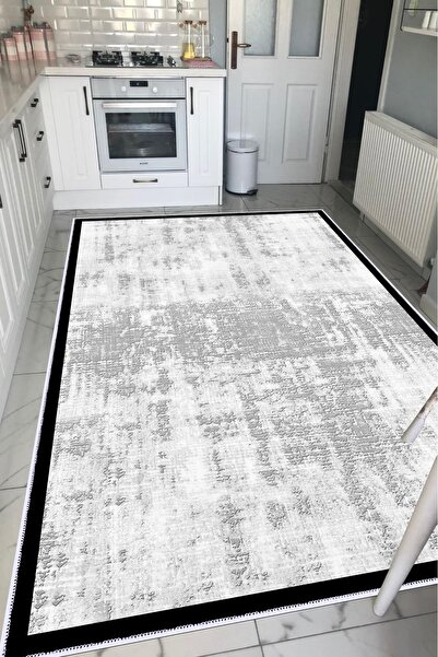VOPTEKS Gri Siyah Halı Mutfak Halısı Makinede Yıkanabilir Halı Kaymaz Taban Halı