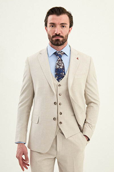 Mcr Textured Slim Fit Mono Collar Men's Suit Beige - 45432.25K