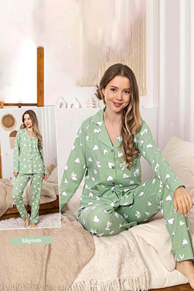 REMSA Women's Heart Pattern Buttoned Suprem Pajama Set 0381 Green
