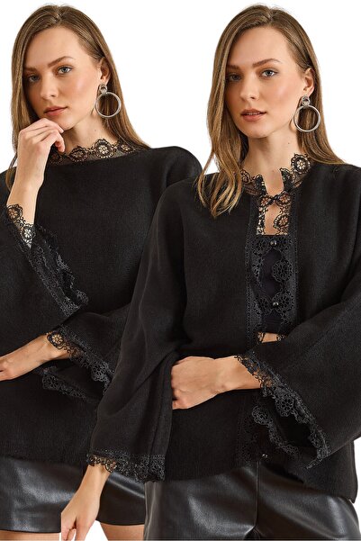 Olalook Women's Black 2 Ways Wearable Lace Detailed Loose Knitwear Sweater Kzk-19001058