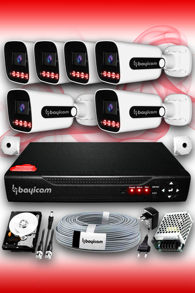 Bayicam 6 Kameralı Süper 6 Dış Kamera Set 500 GB 5 MP 2K Net Gece Görüşlü Güv...