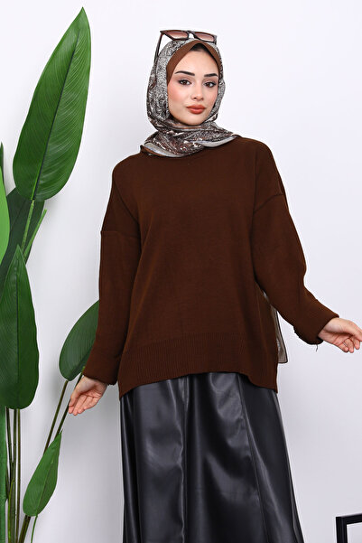 İmajButik Brown Crew Neck Soft Textured Oversized Knitwear Sweater