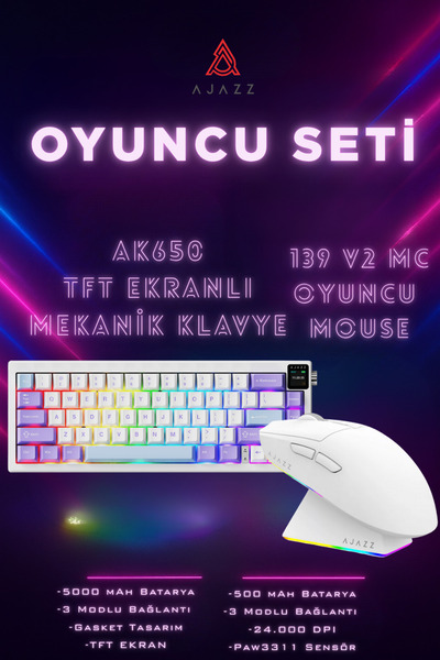 Ajazz AK650 TFT Ekranlı 3 Modlu Oyuncu Klavyesi + 139 v2 MC Profesyonel Oyuncu Mouse Seti