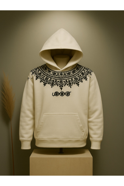 Chirkef Unisex Ecru Hooded Front and Back Printed Sweatshirt Pattern