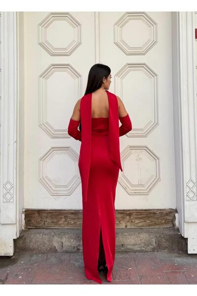 Modafeminen Scuba Stretch Fabric Stone Embroidered Scarf Detail Fish Cut Evening Dress 583340 Red