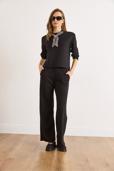 Olalook Women's Black Modal Buttoned Trendy Bottom Draped Suit Tkm-19000462