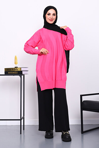 İmajButik Fuchsia Crew Neck Cold Thread Knitwear Tunic