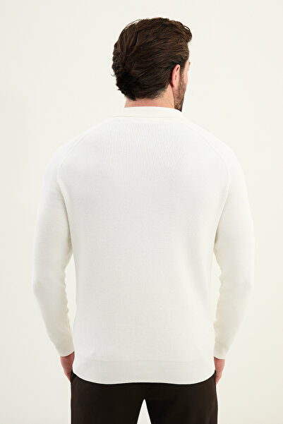 Mcr Textured Slim Fit Zippered Polo Neck Men's Knitwear Sweater Ecru - 11578.25K