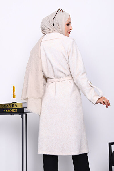 İmajButik Cream Double-Breasted Angora Coat with Collar and Sleeve Epaulettes