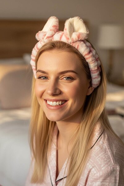 TAKIŞTIR White and Pink Color Plush Hair Band with Ear Detail