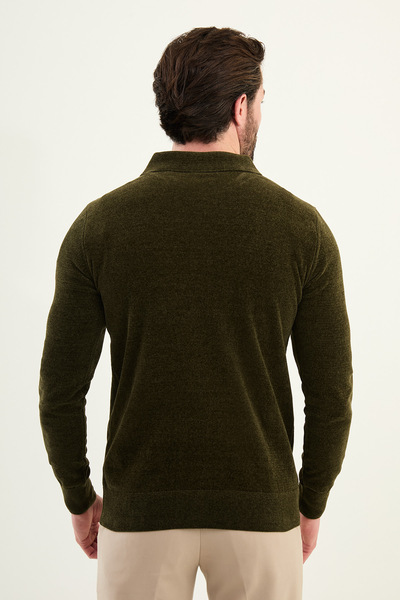 Mcr Plain Slim Fit Zippered Polo Neck Chenille Fabric Men's Knitwear Khaki - 11576.25K