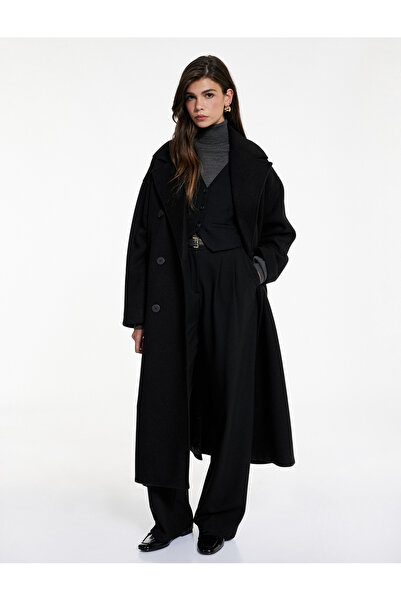 Koton Long Sleeve Pocketed Double-Breasted Belted Buttoned Long Cashmere Coat